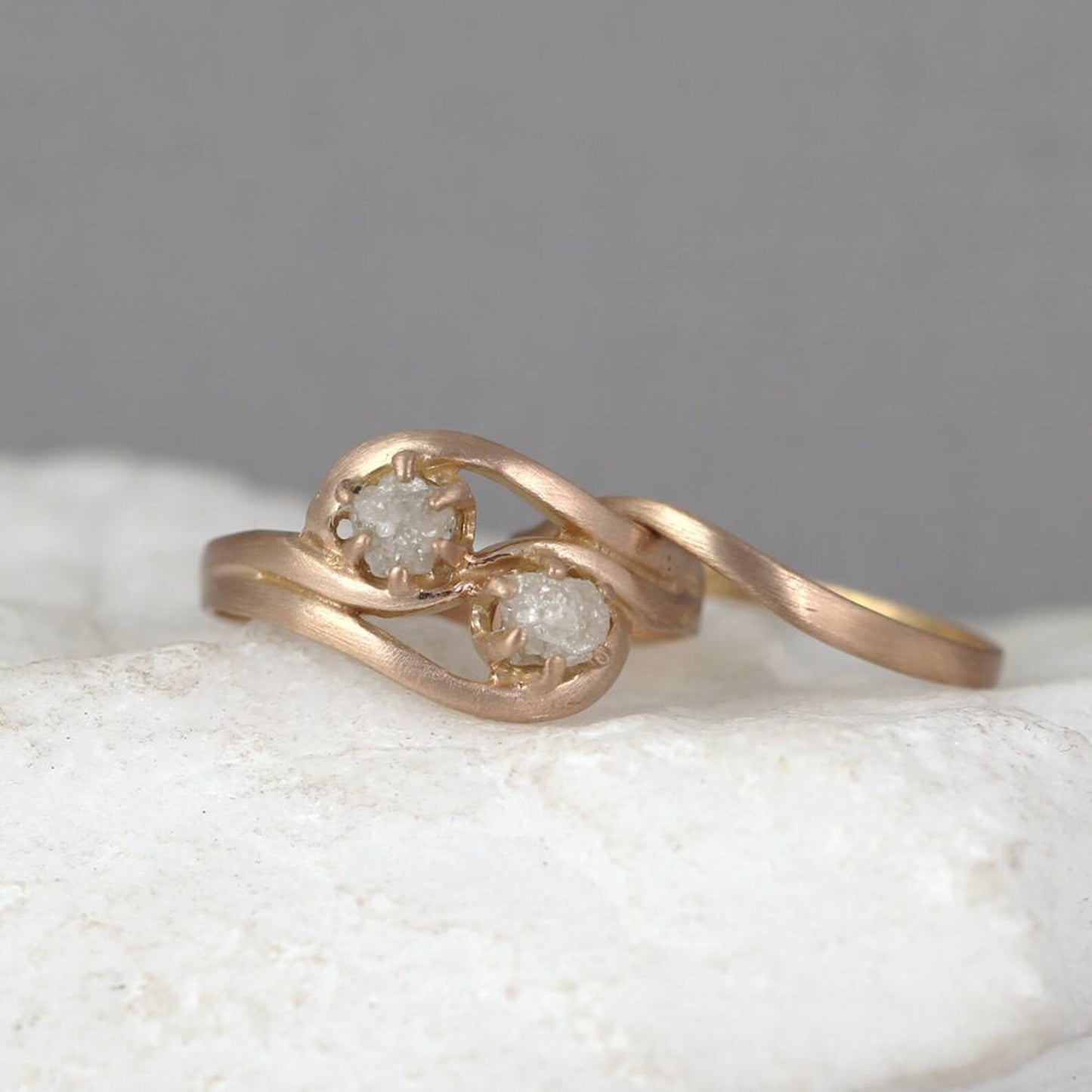 Rose Gold Two Stone Raw Diamond Engagement Ring & Wedding Band Set - 2 Uncut Rough Diamonds - Forever and Always Diamond Duo Rings 14K Gold