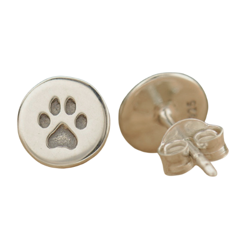 Paw Print Sterling Silver Round Disc Stud Earrings