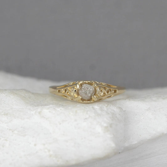 Antique Style 14K Yellow Gold and Raw Diamond Ring - Filigree Style Engagement Ring
