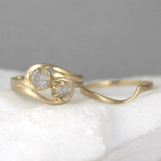 Two Stone Raw Diamond Engagement Ring & Wedding Band Set - 2 Uncut Rough Diamonds - Forever and Always - Diamond Duo Rings - 14K Yellow Gold