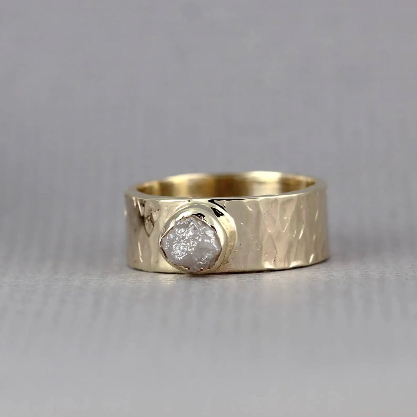 Raw Diamond Ring - 14K Yellow Gold - Rustic Hammered Style Ring