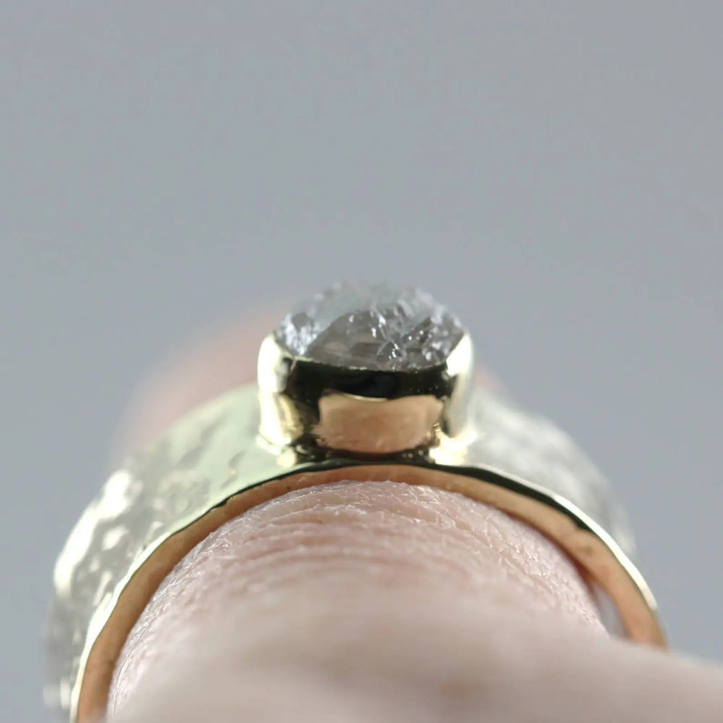 Raw Diamond Ring - 14K Yellow Gold - Rustic Hammered Style Ring