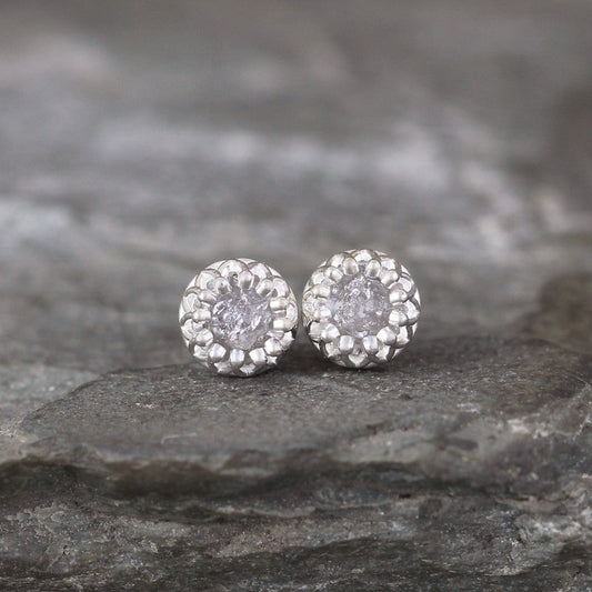 Uncut Diamond Earrings in Sterling Silver Crown Setting