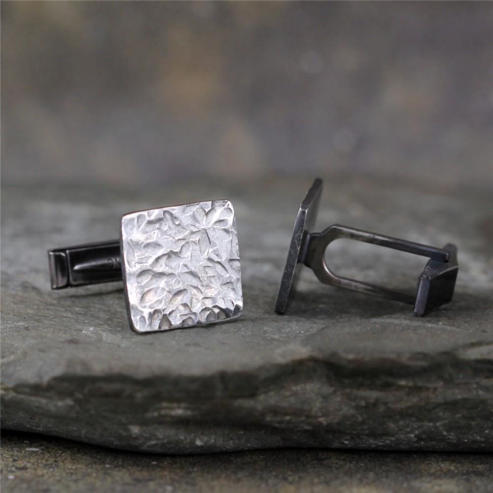 Rustic Square Cufflinks Sterling Silver Hammered Texture Oxidize A Second Time