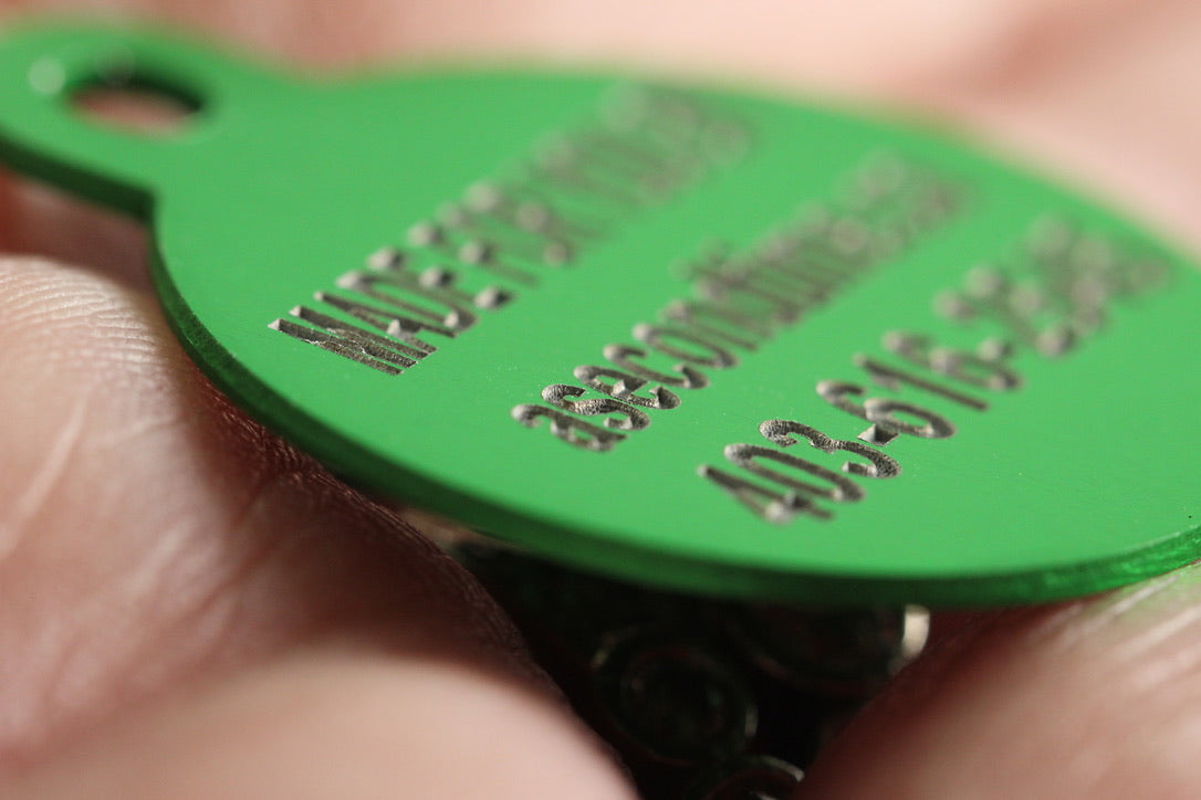 WOOF! Silhouette Dog ID Tags - 3 sizes, 9 Colors - Laser Engraved with your Custom Text