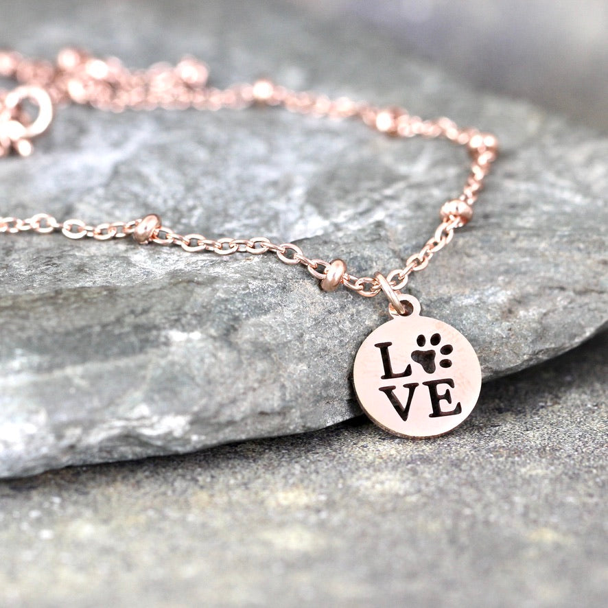 LOVE Paw Print Necklace - Pet Lovers pendant - Stainless Steel in your choice of Rose, Yellow or White