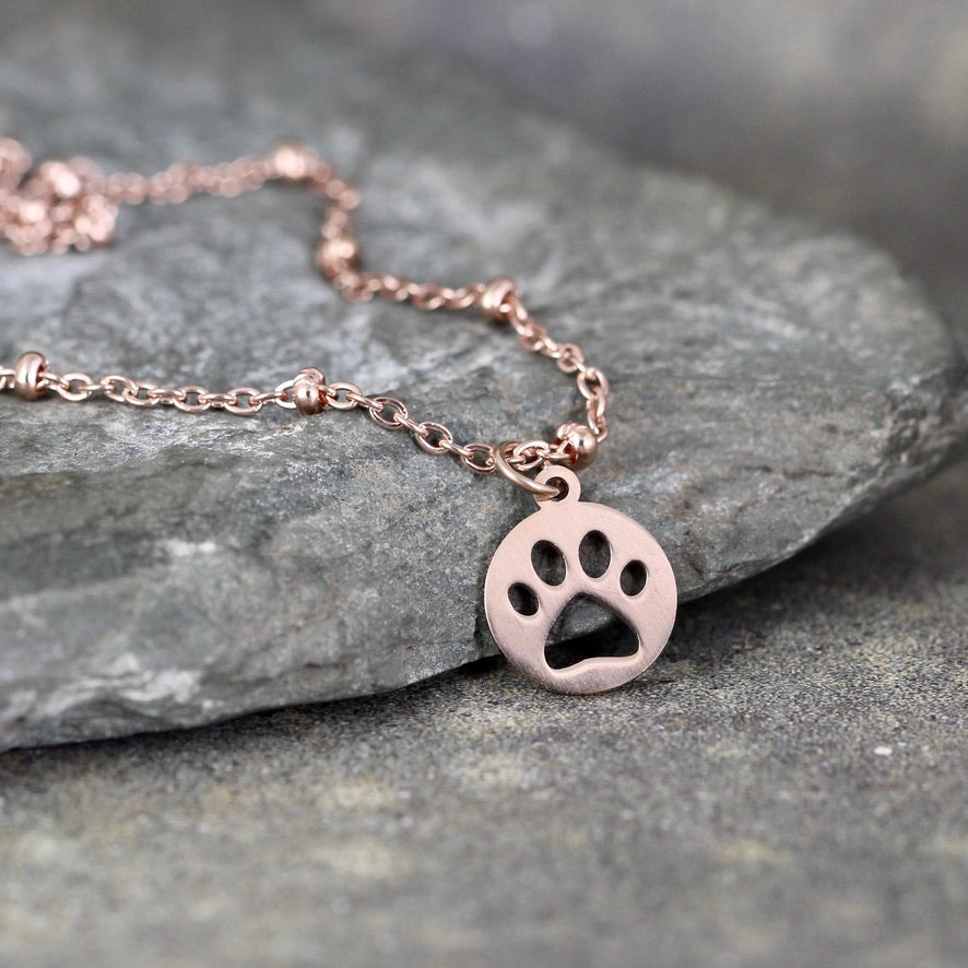 Paw Print Necklace - Cut out Paw Print - Pet Lovers pendant - Stainless Steel in your choice of Rose, Yellow or White