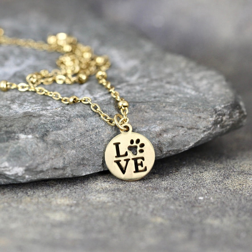 LOVE Paw Print Necklace - Pet Lovers pendant - Stainless Steel in your choice of Rose, Yellow or White
