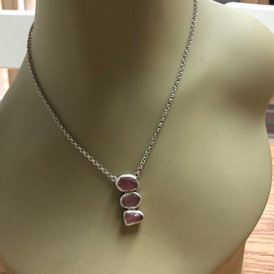 Rose Quartz Rough Gemstone Trio Pendant