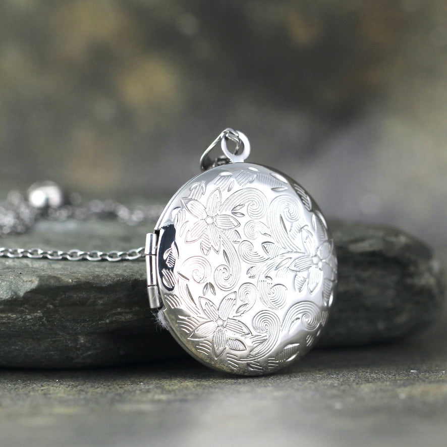 Round Stainless Steel Engraved Locket - Rose, Yellow or Silver - Hinged Locket with Floral Design - Memory Keepers