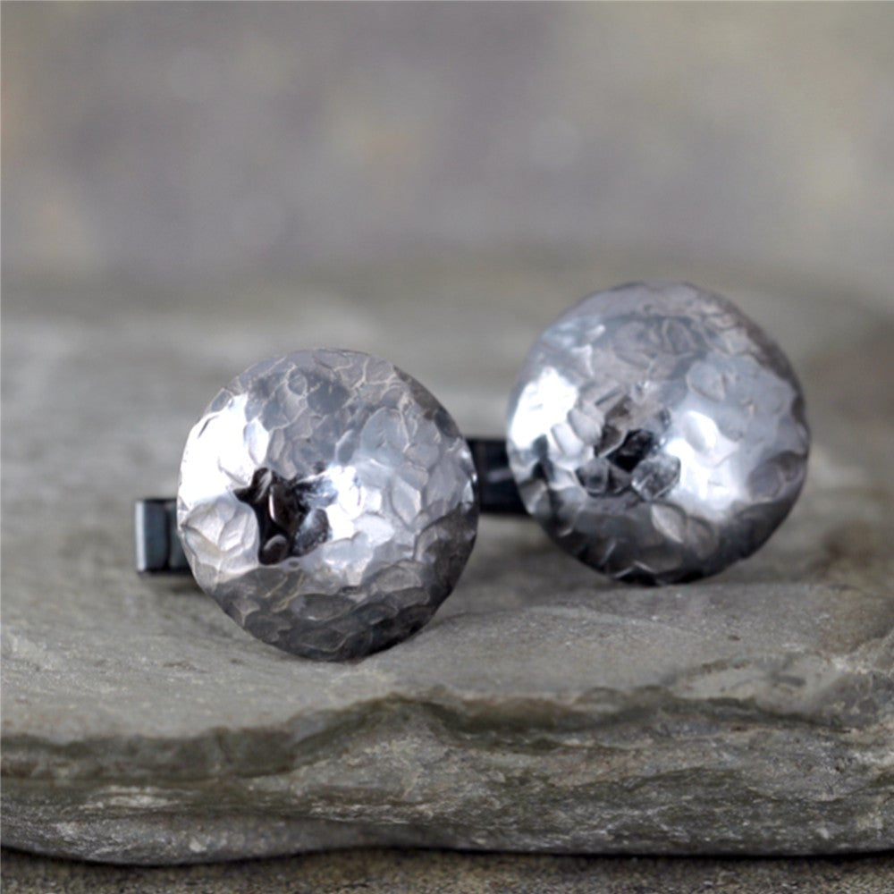 Rustic Round Cufflinks - Sterling Silver - Hammered Texture - Oxidized Finish