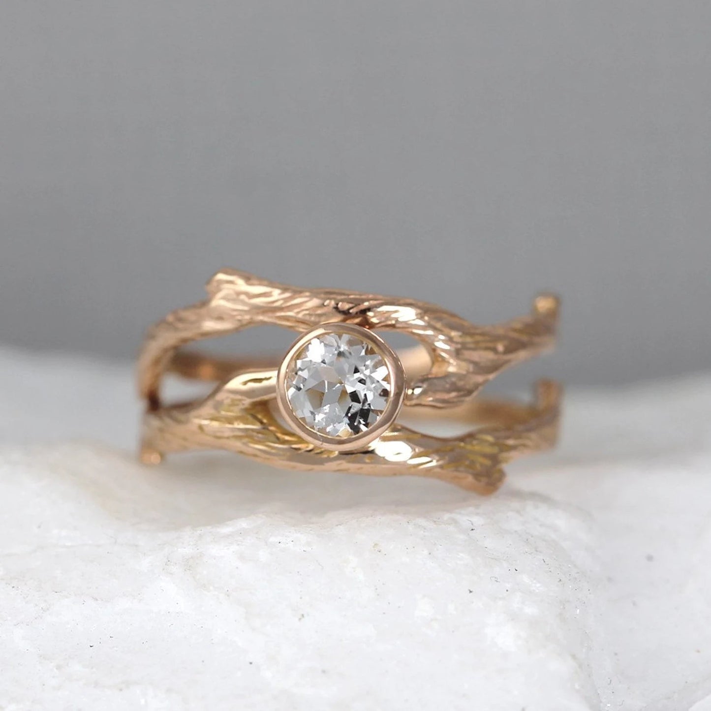 Branch Style Engagement Ring and Wedding Band Set - Twig Rings - White Topaz - 14K Rose Pink Gold