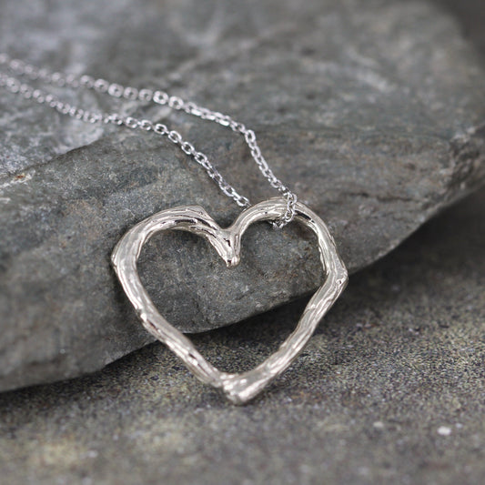 White Gold Twig Heart Pendant - Floating Heart Necklace