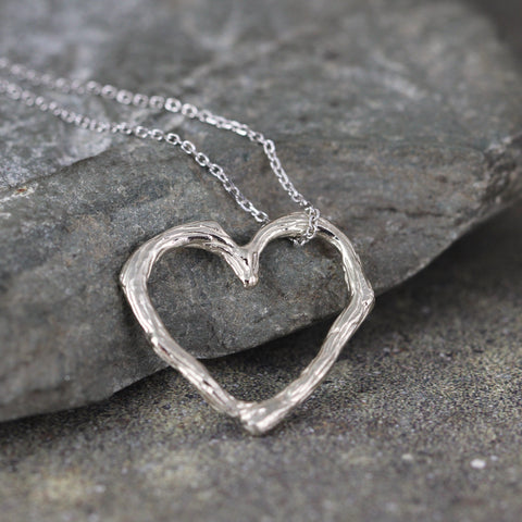White Gold Twig Heart Pendant - Floating Heart Necklace