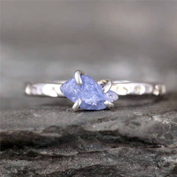 Raw Natural Sapphire Ring - Hammered Texture Rustic Birthstone Ring