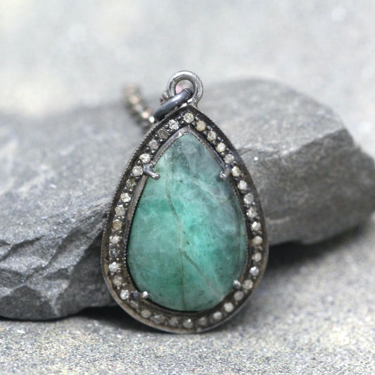 Emerald and Raw Diamond Pendant