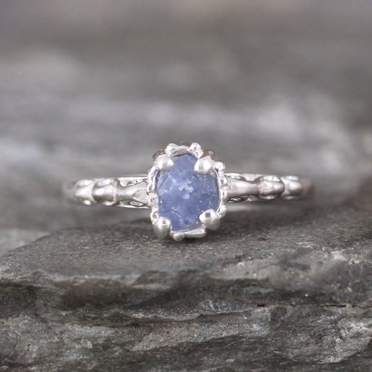 Uncut Blue Sapphire Ring - Antique Filigree Design - Sterling Silver