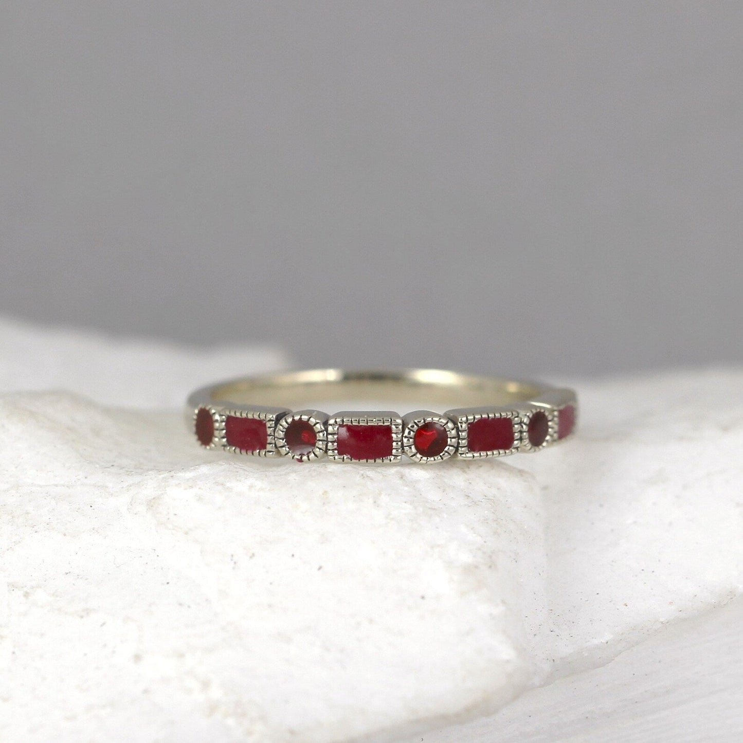 Red Enamel Wedding Band - 14K White Gold Wedding Band