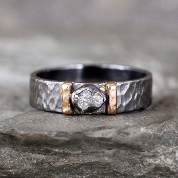 Raw Diamond Ring - Black Sterling Silver and 14K Rose Gold