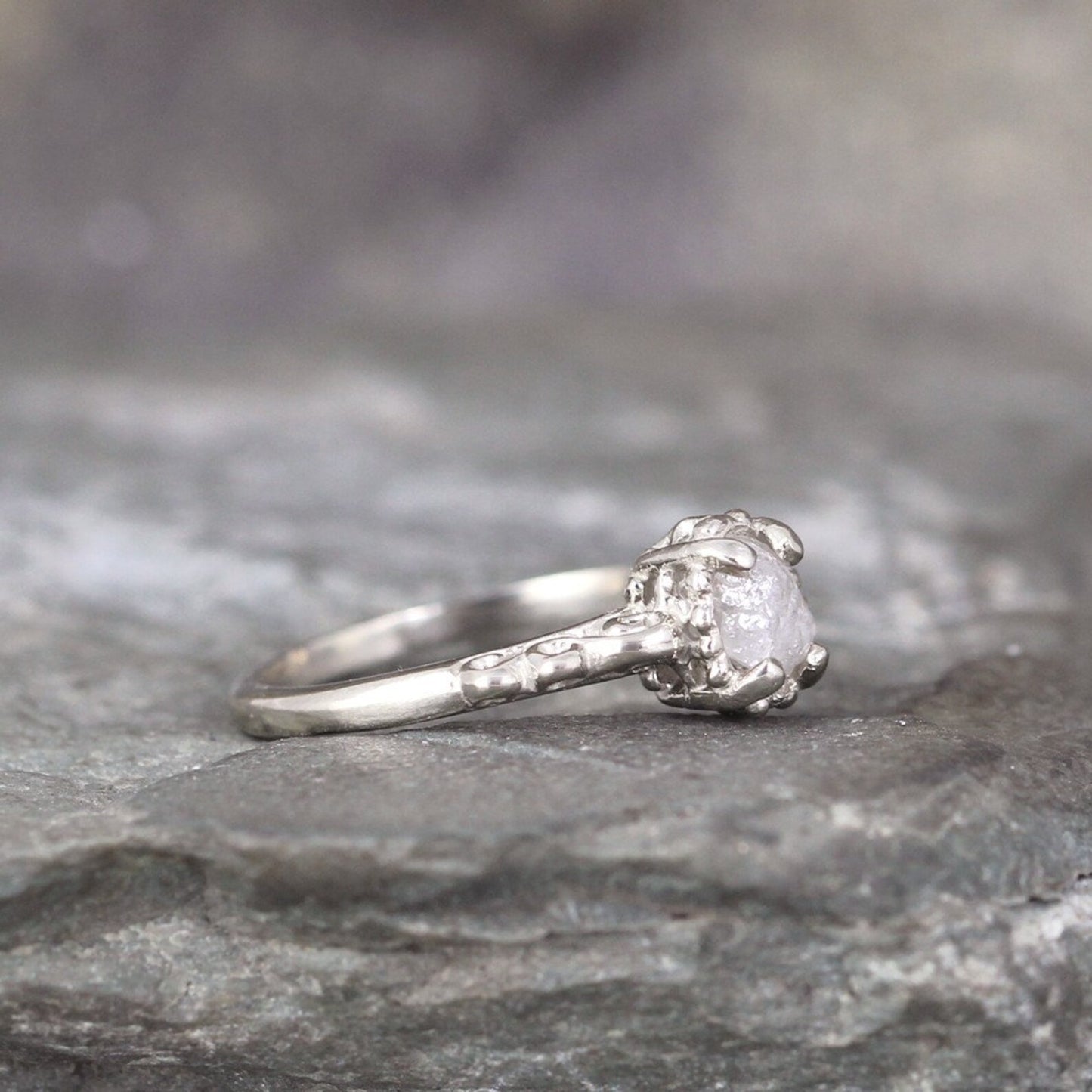 14K White Gold and Raw Diamond Ring - Filigree Style Engagement Ring