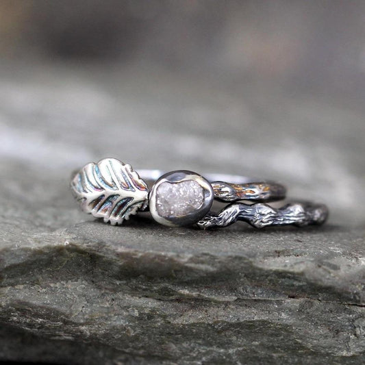 Twig & Leaf Raw Diamond Engagement Ring Set - Nature Inspired