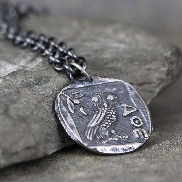 Owl Pendant - Athena's Owl - Wise Owl - Graduation Gift - Rustic Necklace - Mens Jewellery - Owl Coin Necklace - Sterling Silver - Relic