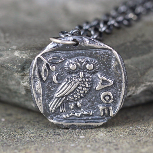 Owl Pendant - Athena's Owl - Wise Owl - Graduation Gift - Rustic Necklace - Mens Jewellery - Owl Coin Necklace - Sterling Silver - Relic