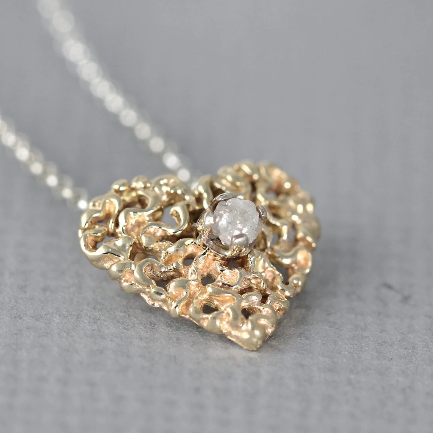 Raw Diamond Heart Pendant - 14K Yellow Gold & Sterling Silver