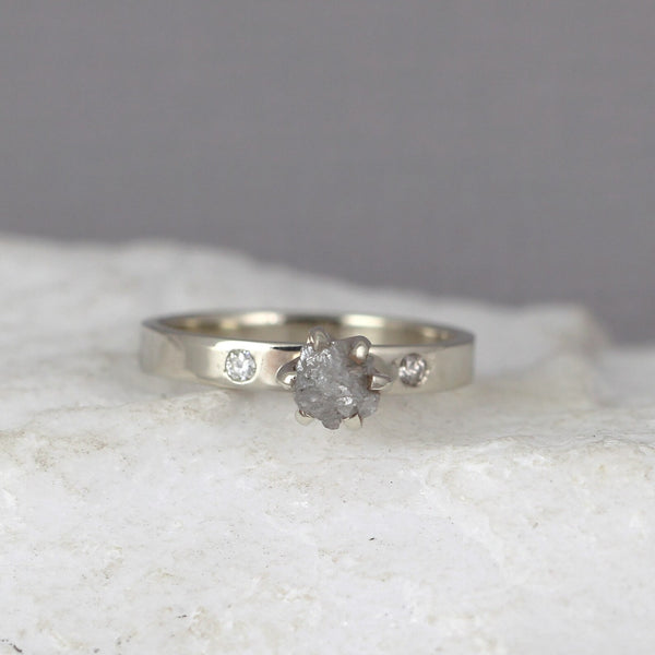 Raw Diamond Engagement Ring - Rough Diamond Accented Engagement Ring - Trio Diamond Ring - 14K White Gold