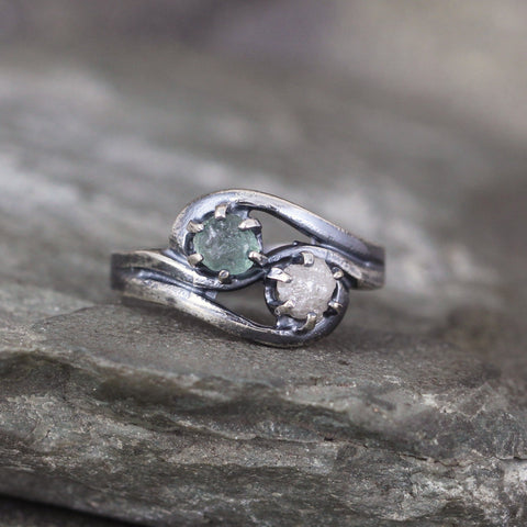 Montana Sapphire and Rough Diamond 2 Stone Ring