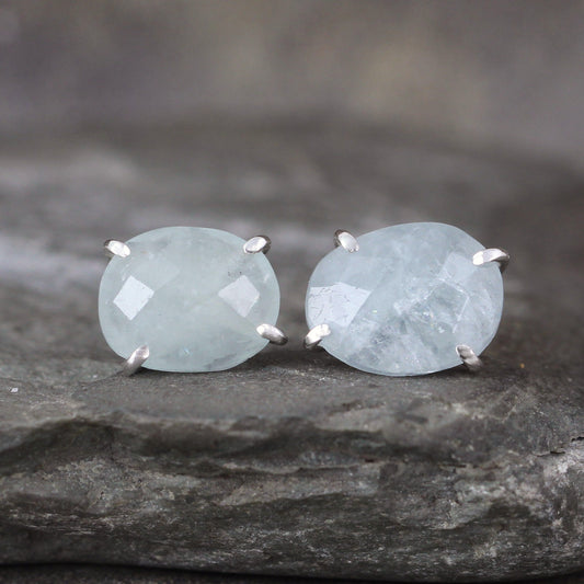 Aquamarine Earrings - Rose Cut Free Form Gemstone - Stud Earring