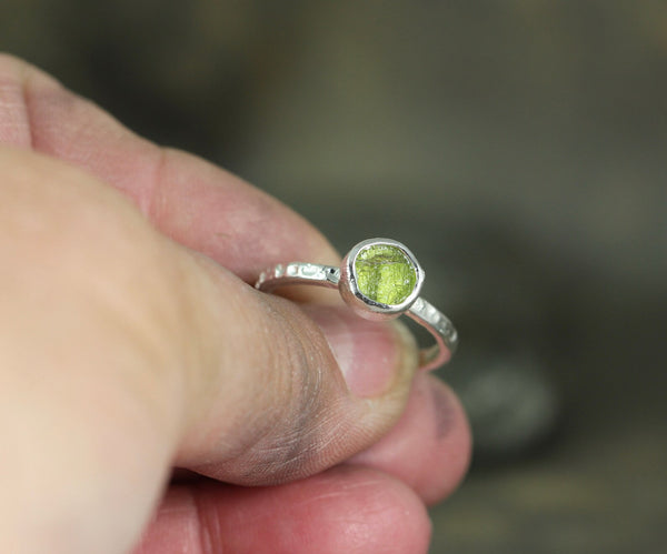Round Bezel Set Uncut Peridot Stacking Ring - Rustic Sterling Silver - August Birthstone Ring