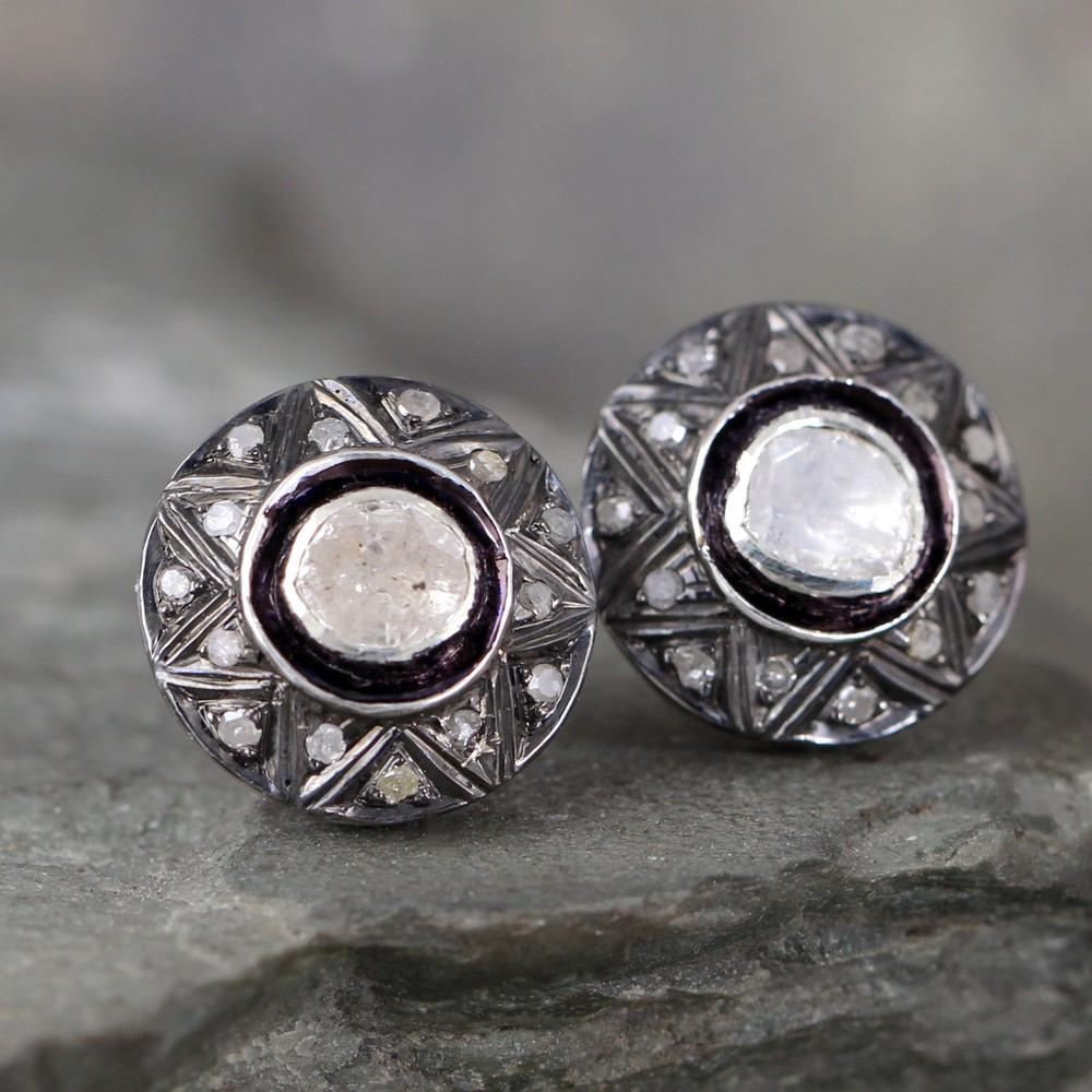 Diamond Slice Earrings - Modern Diamond Cluster Earring - Aged Patina Sterling Silver