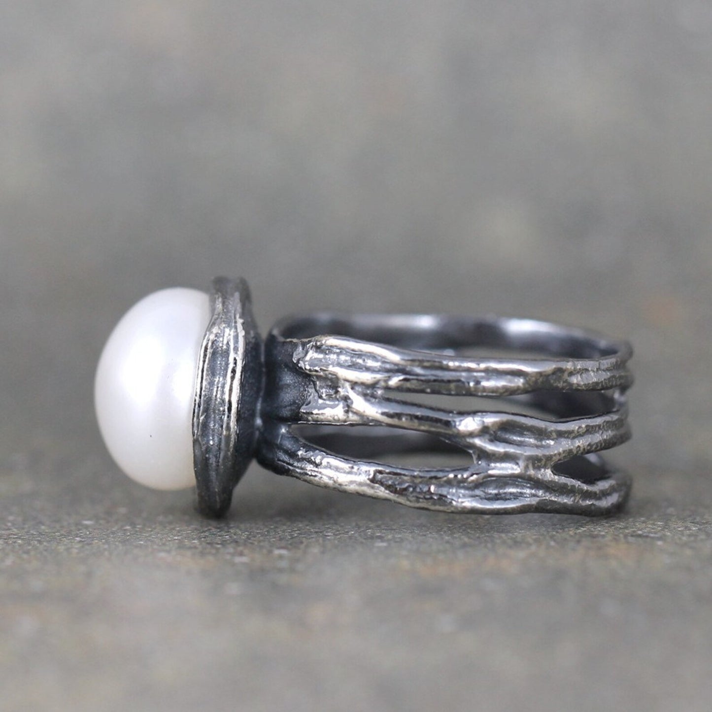 Fresh Water Pearl Ring - Sterling Silver - Textured Twig Band - June Birthstone Rings