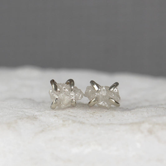 White Gold Uncut Diamond Earrings - 14K White Gold Handmade Stud Earring