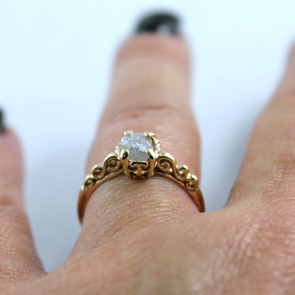 14K Yellow Gold and Raw Diamond Ring - Filigree Style Engagement Ring