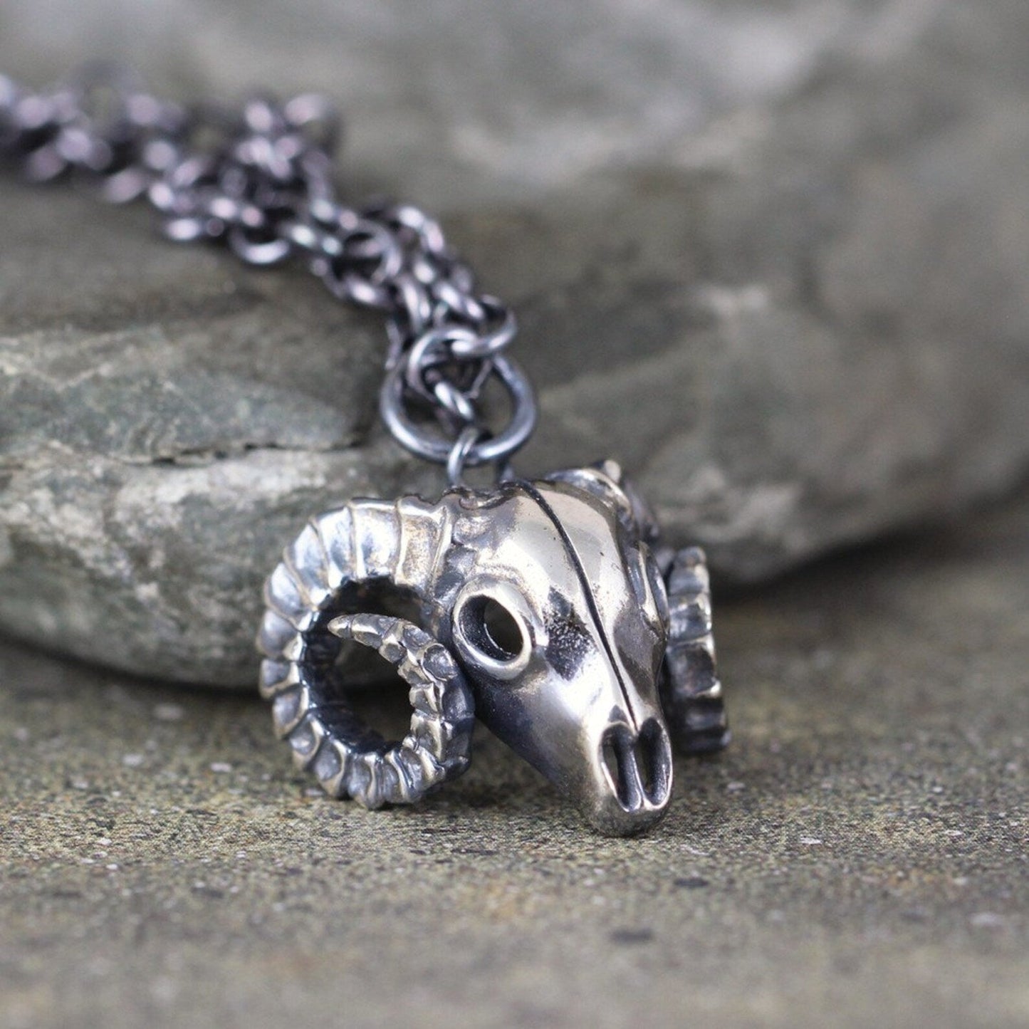 Ram Skull Pendant - Big Horn Sheep - Sterling Silver Necklace - Outdoor and Wilderness - Aries - Jewellery for Men