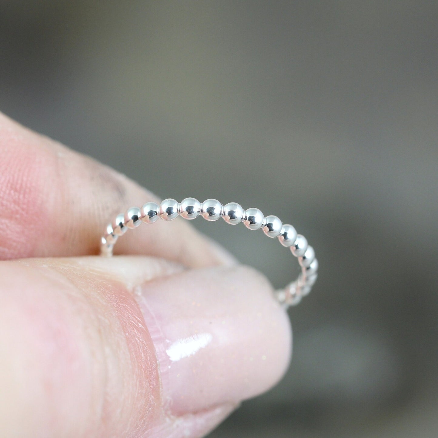 Skinny Stacking Beaded Band - Sterling Silver Stacking Ring