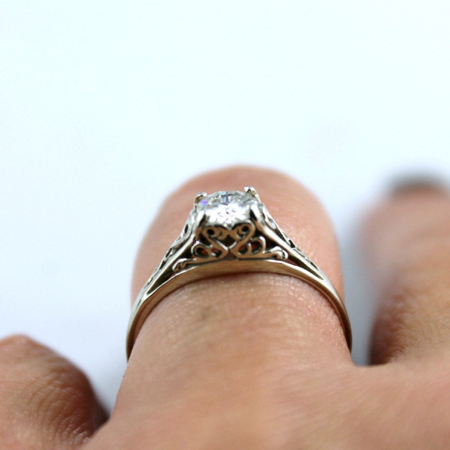 Moissanite Engagement Ring - 14K White Gold - Filigree Antique Style Ring - Forever Brilliant Moissanite - Alternative Diamond Rings
