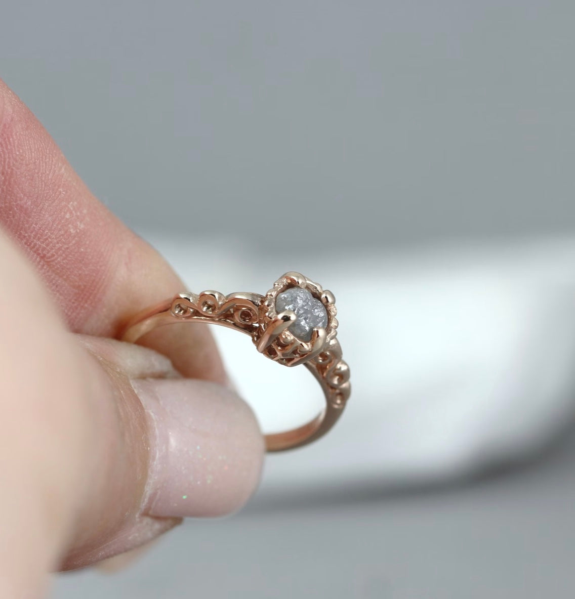 14K Pink Gold and Raw Diamond Ring - Filigree Style Engagement Ring