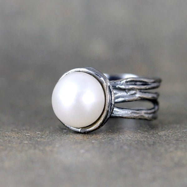 Fresh Water Pearl Ring - Sterling Silver - Textured Twig Band - June Birthstone Rings