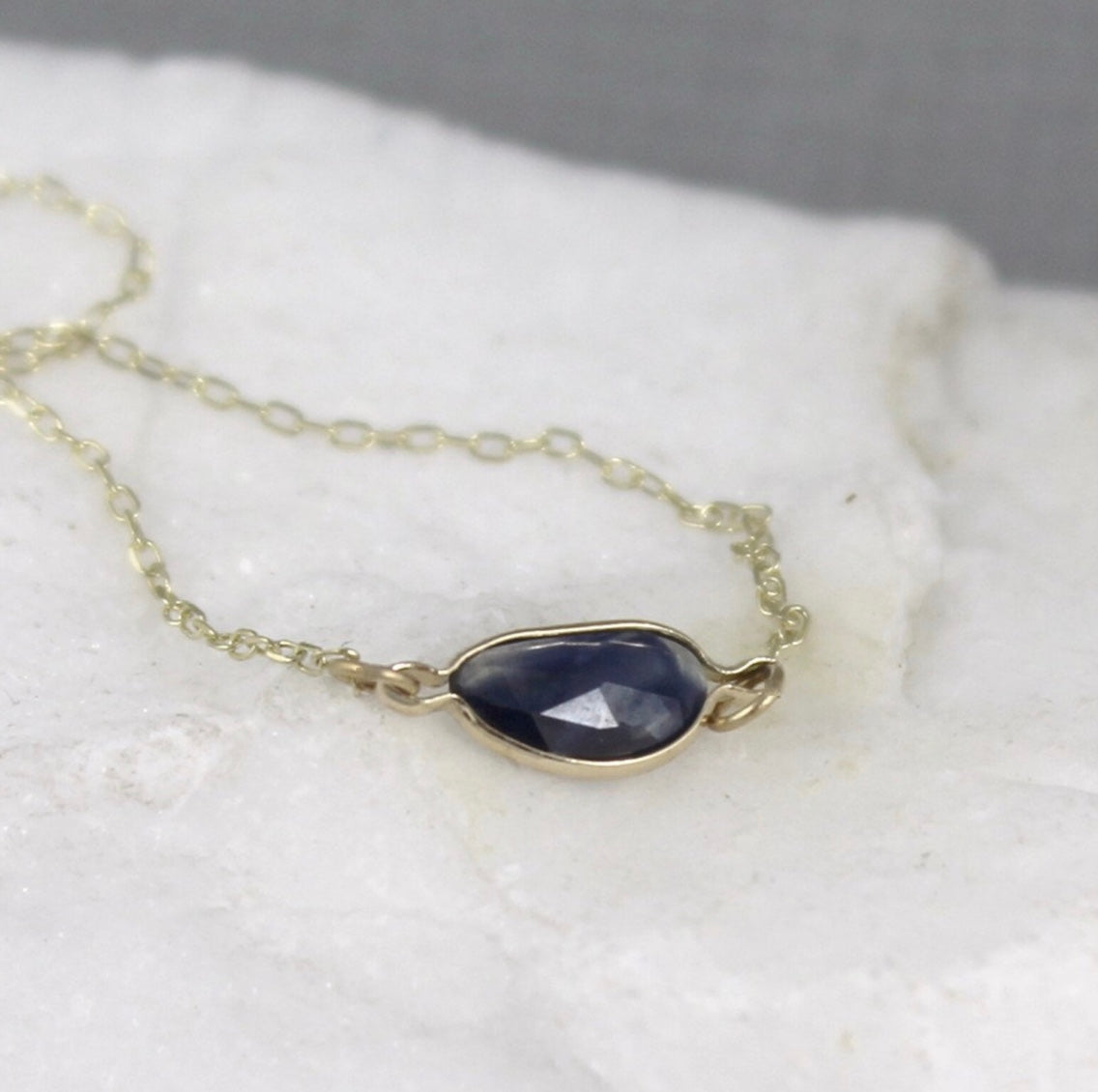 Blue Sapphire Necklace - Sapphire - Rose Cut Gemstone - 14K Yellow Gold Modern Necklace