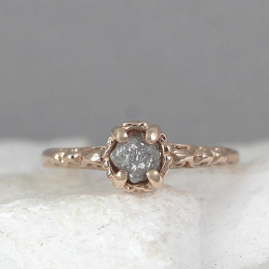 14K Pink Gold and Raw Diamond Ring - Filigree Style Engagement Ring