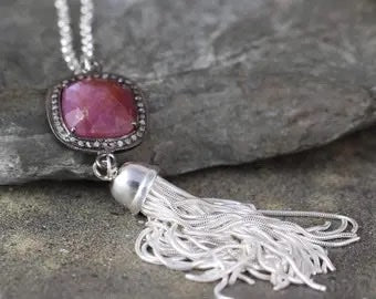 Ruby and Raw Diamond Tassel Necklace - Sterling Silver - Boho Style