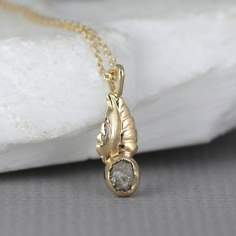 Leaf Design Raw Diamond Necklace - 14K Yellow Gold - Rough Diamond Pendant - Uncut, Conflict Free Diamond - April Birthstone