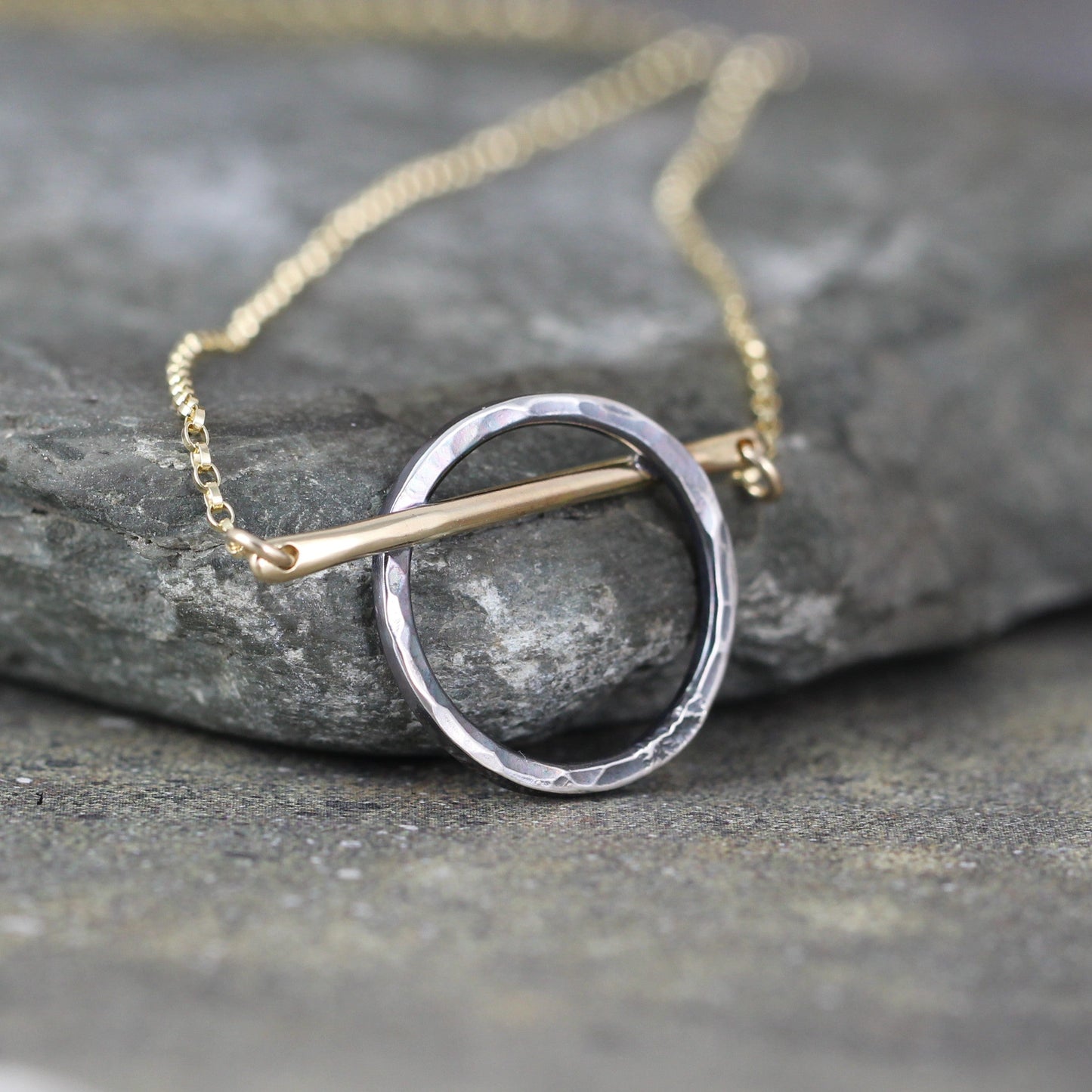 Modern Mixed Metals Circle Necklace - 14K Yellow Gold and Sterling Silver