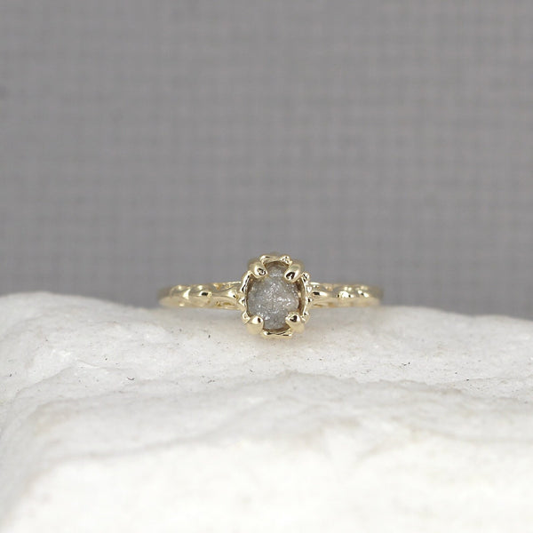 14K Yellow Gold and Raw Diamond Ring - Filigree Style Engagement Ring
