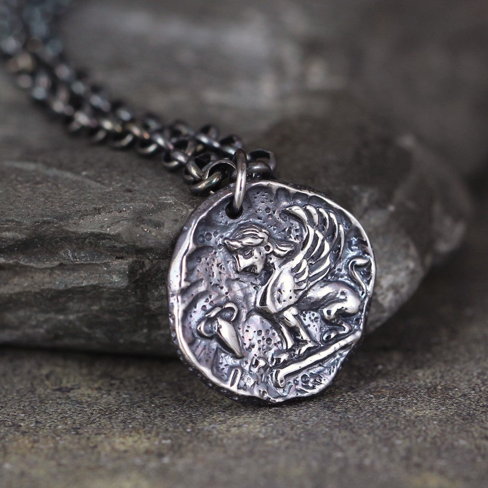 Sphinx Pendant - Mythological Sphinx Coin Necklace - Sterling Silver