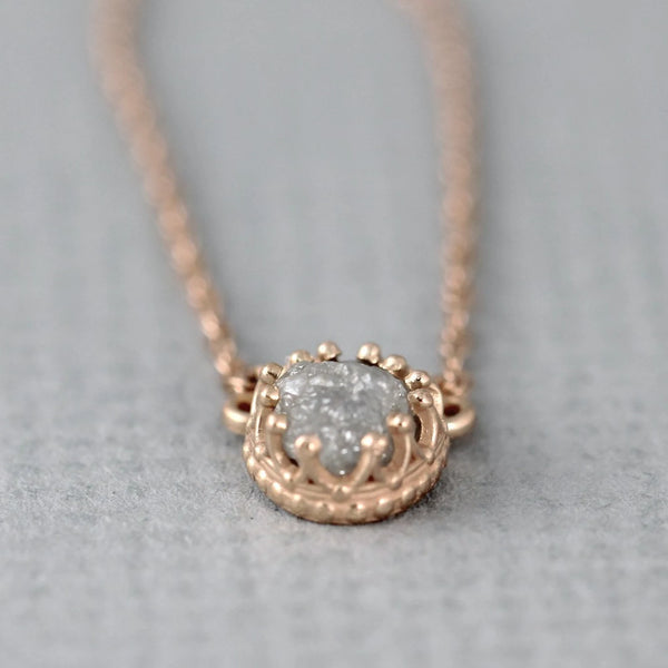 Raw Diamond Necklace - Crown Style Setting - 14K Rose Gold