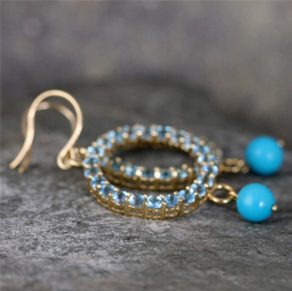 Vintage Blue Topaz and Turquoise Earrings - 14K Yellow Gold
